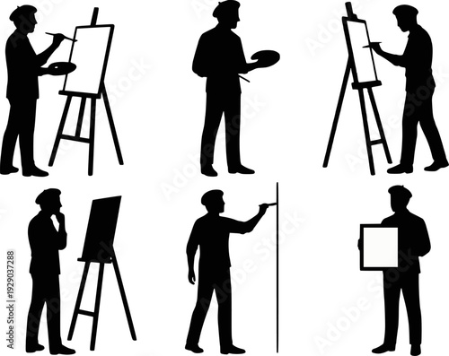 Painter artist silhouette collection action poses set