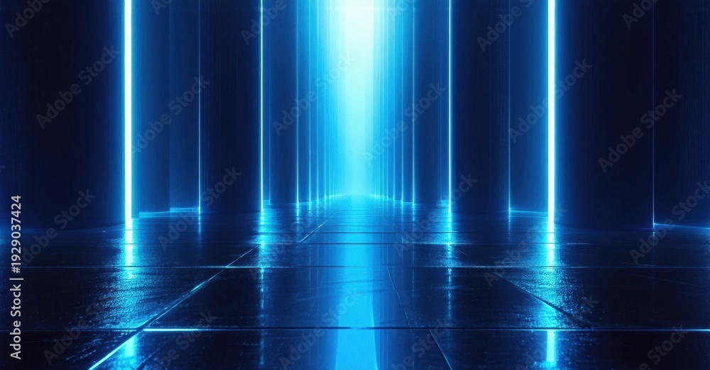 Fototapeta premium Futuristic corridor glows with vibrant blue neon lights. Dark space creates dramatic perspective, inviting exploration. Minimalist design emphasizes light.