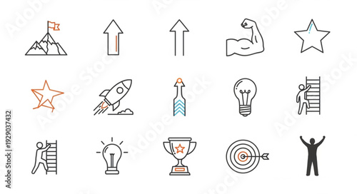 Collection of hand drawn icons representing success and achievement.