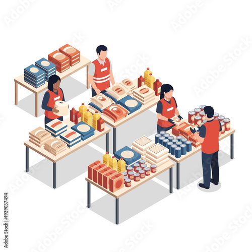 Team of workers preparing food in a commercial kitchen.