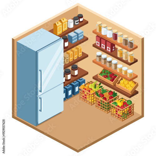 Isometric illustration of a well-stocked kitchen pantry with refrigerator and various food items.