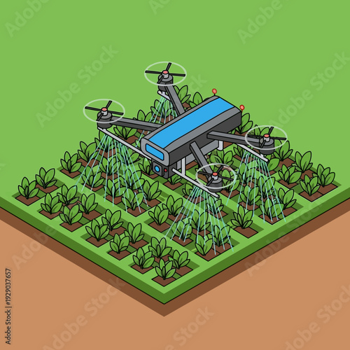 Drone flying over a field of crops for agricultural monitoring and management.