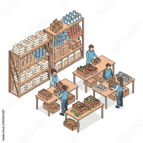 Warehouse workers organizing and packing products on shelves and tables.