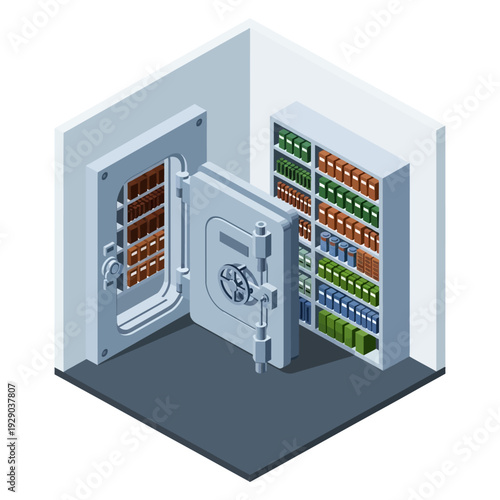 3D illustration of a secure data storage room with open server racks and safe.