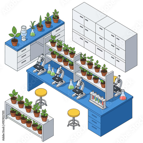 Laboratory setting with plants and scientific equipment.