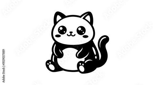 Adorable Kawaii Black and White Cat Sitting, Cartoon Animal Illustration, Perfect for Children's Designs and Stickers