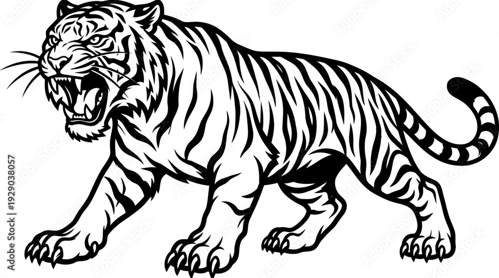Fototapeta premium Dynamic illustration of a powerful tiger in an aggressive stance, roaring fiercely with an open mouth, showcasing its wild nature and untamed spirit