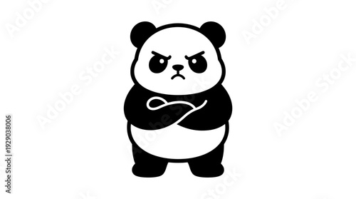 A grumpy and tough cartoon panda character stands upright with arms crossed, displaying a strong and unamused expression, perfect for a cute yet assertive graphic design or mascot