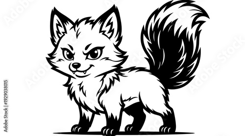 Bold and assertive graphic illustration of a determined fox standing firm, showcasing its inherent wild strength and clever spirit in a striking black and white mascot design