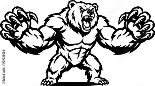 Illustration of a fierce grizzly bear roaring with claws extended, showcasing its powerful physique in a dynamic pose, perfect for sports teams or wildlife themes