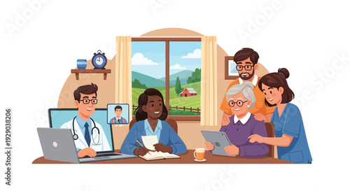 Telemedicine Video Call for Senior Healthcare Planning. Doctor Consults Elderly Woman, Family, and Caregiver Remotely. Digital Elder Care and Support.