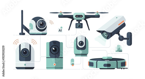 IoT Smart Security System Illustration: Network of Surveillance Cameras, Drone, and AI Robotics for Home and Business Monitoring Technology Concept