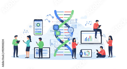 Digital Health and Bio-Informatics Concept. People Analyze Genetic Data via DNA Structure, Mobile Technology, and Modern Healthcare Systems.