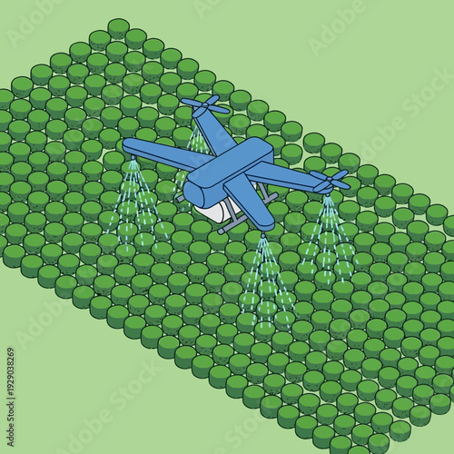 Crop duster airplane flying over a lush green field.