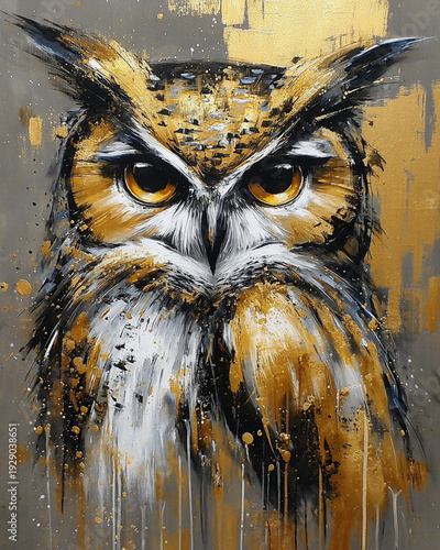 Vibrant Abstract Owl Artwork with Gold and Gray Tones Expressing Wisdom and Mystery in Modern Decorative Style