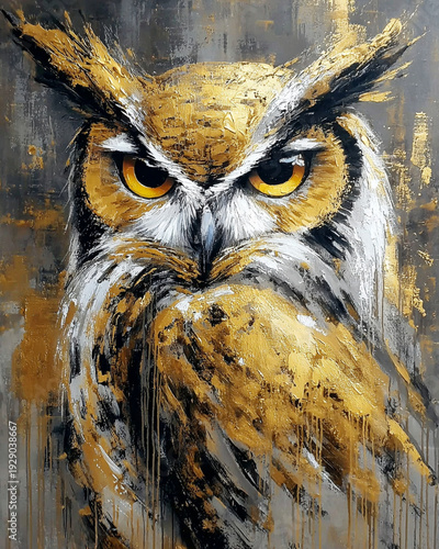Vibrant Abstract Owl Painting with Golden Brushstrokes and Intense Gaze on Textured Canvas Background