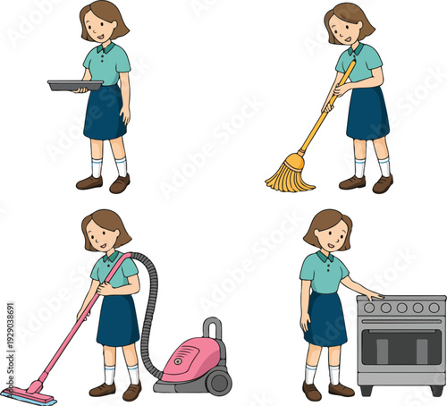 Professional Cleaning Service Vector Illustration Set Housekeeper with Mop, Vacuum and Cleaning Supplies