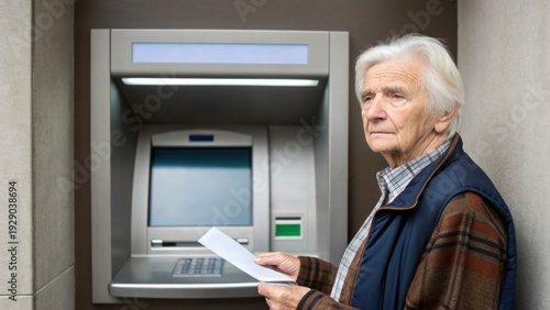 Elderly people in a cashless society Elderly man standing by an ATM machine holding a bank statement or receipt, looking contemplative.