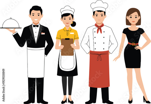 Restaurant Staff Vector Illustration Set Featuring Waiter, Chef, Hostess, and Service Employee Characters for Hospitality Business and Food Industry Designs
