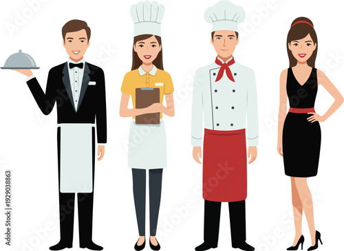Restaurant Staff Vector Illustration Set Featuring Waiter, Chef, Hostess, and Service Employee Characters for Hospitality Business and Food Industry Designs