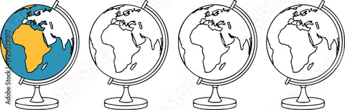 World Globe Vector Set Featuring Color Outline and Monochrome Styles for Education, Geography Learning, School Projects, and Map Illustration Designs