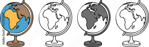 World Globe Vector Set Featuring Color Outline and Monochrome Styles for Education, Geography Learning, School Projects, and Map Illustration Designs