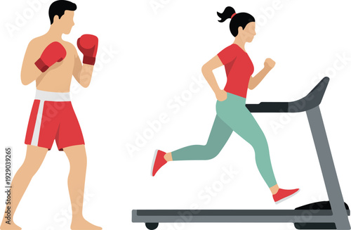 Gym Fitness Vector Illustration Featuring Man Practicing Boxing and Woman Running on Treadmill for Cardio Exercise, Healthy Living, and Active Lifestyle Concepts