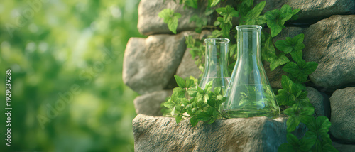 Glass laboratory flask with green plant leaves on stone wall, eco friendly concept with natural environment and science research for sustainable development