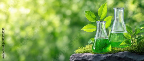 Green liquid in glass flask with leaf on moss and stone, eco friendly concept for sustainable science and nature protection with blurred green background