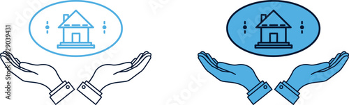 Hands cradling icons with house and windmill