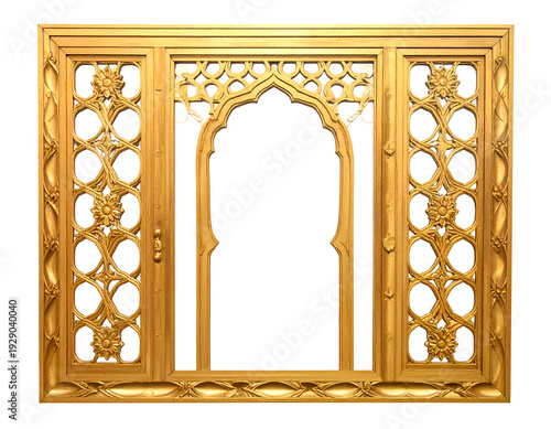 Ornate golden archway frame with intricate floral and geometric carvings