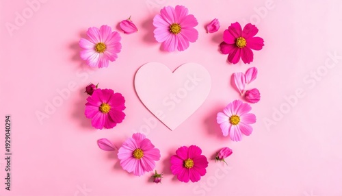 Pink cosmos flowers circle a pale heart shape on a solid light pink background