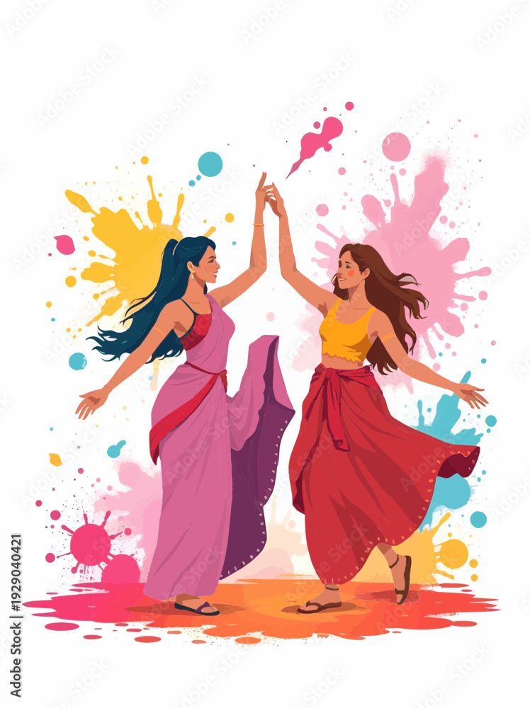 Fototapeta premium Two Happy Indian Women Celebrating Holi Festival with Color Splashes