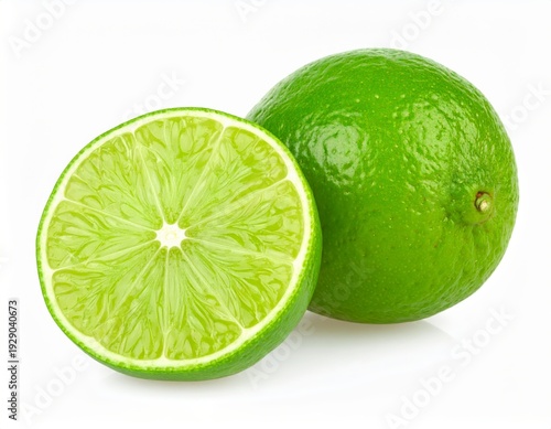 Fresh lime whole and half, isolated on pure white background
