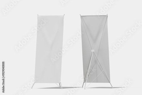 A 3D rendering of two tall, rectangular fabric banners on stands, one fully upright and the other partially collapsed