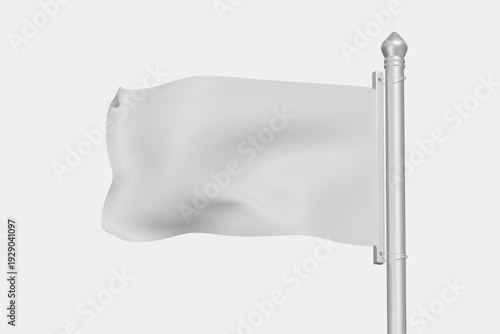 A white flag attached to a silver pole with a finial, waving gently to the side against a plain white background