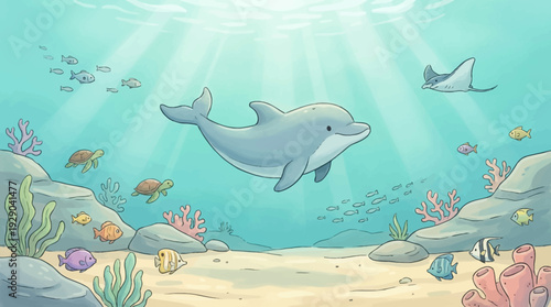 A peaceful underwater ocean scene with a dolphin swimming in clear blue water sandy seabed calm marine environment clean open composition