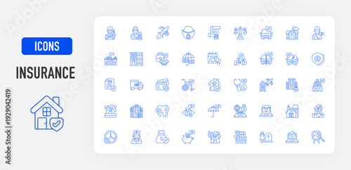 Insurance icon. Commercial Auto Insurance, Renter, Tenant, Personal Injury, Aviation, Liability, Workers Compensation, Cyber, Income Protection, Marine, Saving Lives illustration.