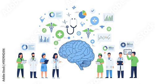 Neurology and Psychiatry Concept: Medical Team Analyzing Brain Data, Mental Health Research and Collaborative Digital Healthcare.