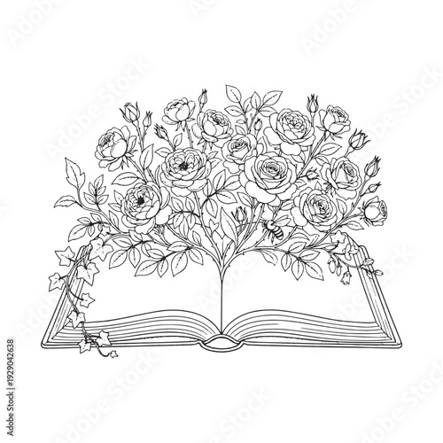 A detailed black and white illustration of an open book with flowers and leaves growing out of it, symbolizing knowledge and nature.