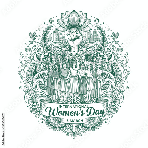 Celebrating International Women's Day with diverse group of women standing together in unity and solidarity, surrounded by floral elements, vector illustration.