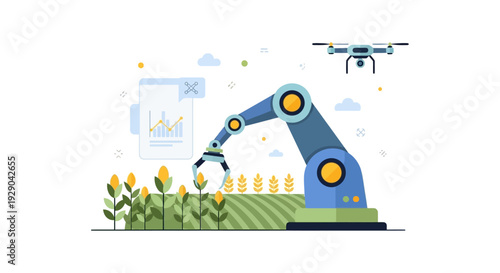 Smart Farming Automation: Robotic Arm Harvesting Crops Monitored by Drone. Precision Agriculture Technology and Data Analysis Illustration.