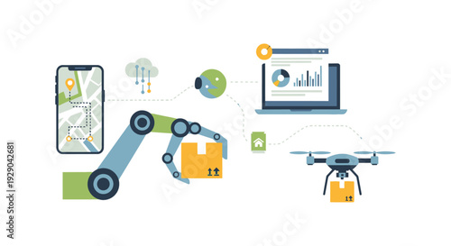Automated Logistics and Smart Delivery System Flowchart: Robotic Arm, Mobile Tracking, Data Management, and Drone Shipping.