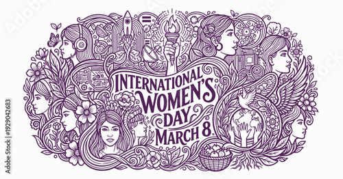 Celebrating International Women's Day on March 8 with diverse women, flowers, and empowering symbols in a vibrant illustration