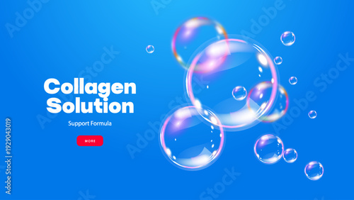 Realistic rainbow soap bubbles on blue sky background. Glossy volume rounded aqua droplet. 3D glass liquid shape with holographic effect. 3D vector illustration.