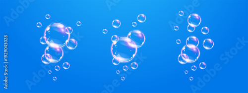 Realistic flying soap bubble set. Glossy volume rounded aqua droplet. 3D glass liquid shape with holographic effect. 3D vector illustration.