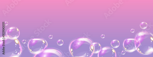 Realistic flying soap bubbles background. Glossy volume rounded aqua droplet. 3D glass liquid shape with holographic effect. 3D vector illustration.