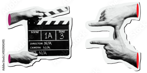 Set of halftone sticker icons of hands holding a movie clapperboard and hands framing a shot, retro stippled style illustrations for film production and cinema concepts
