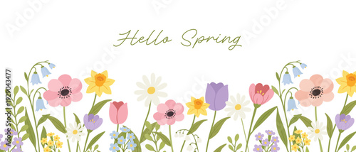 Spring floral border illustration with Hello Spring lettering and colorful meadow flowers