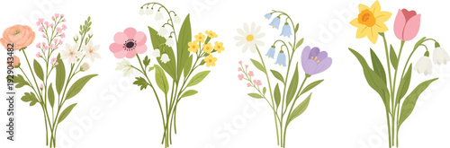 Spring flower bouquet set flat illustration with botanical floral design